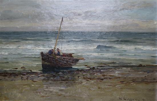 William Wilson Fishing boat on the shore 14 x 21in., unframed